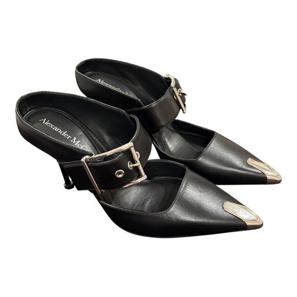 Alexander McQueen Leather Buckle Mule Stiletto Heel Metal Toe MISMATCHED 7.5/7 - Picture 6 of 8